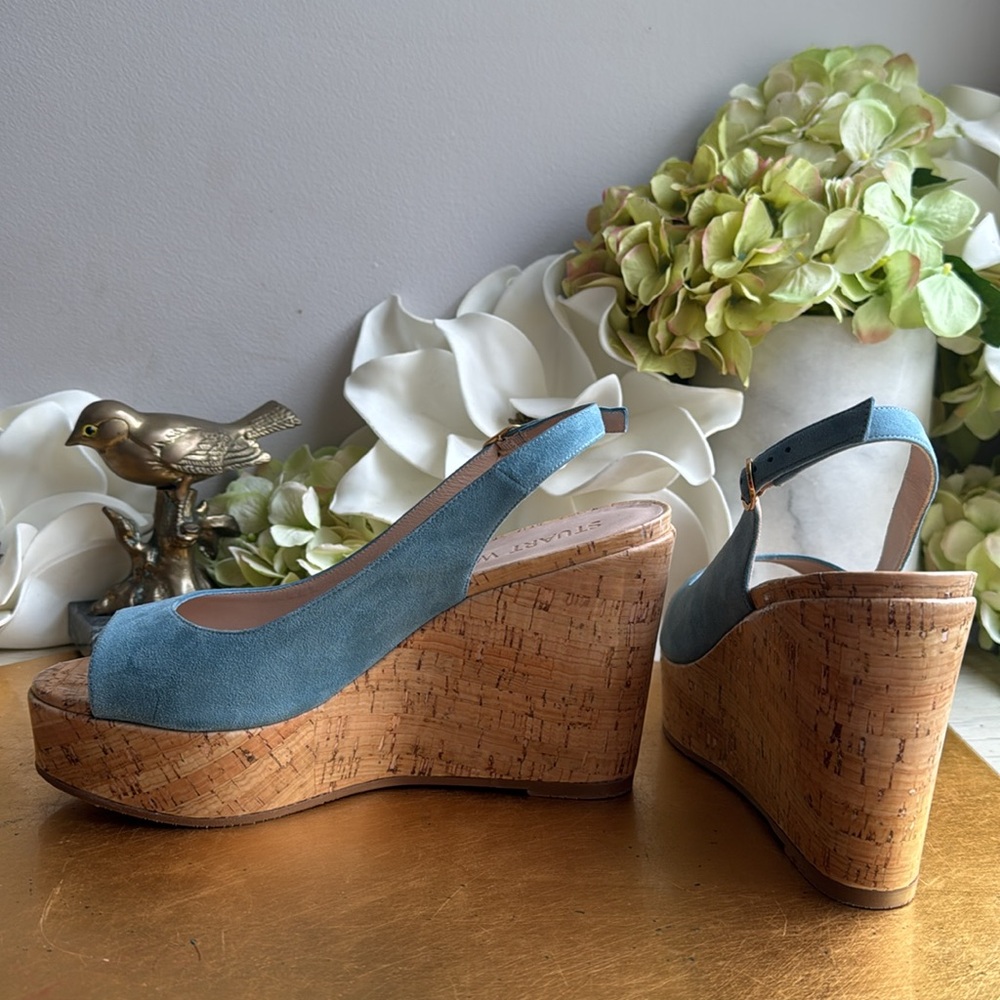 Stuart Weitzman Platform Gloss Cork Wedges in Blue Suede - Picture 5 of 16